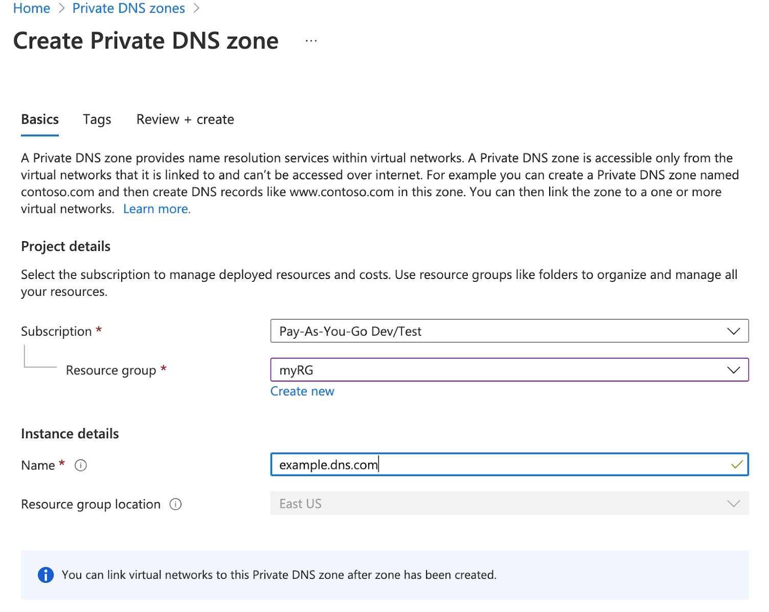 Private DNS: basics tab Private DNS: basics tab
