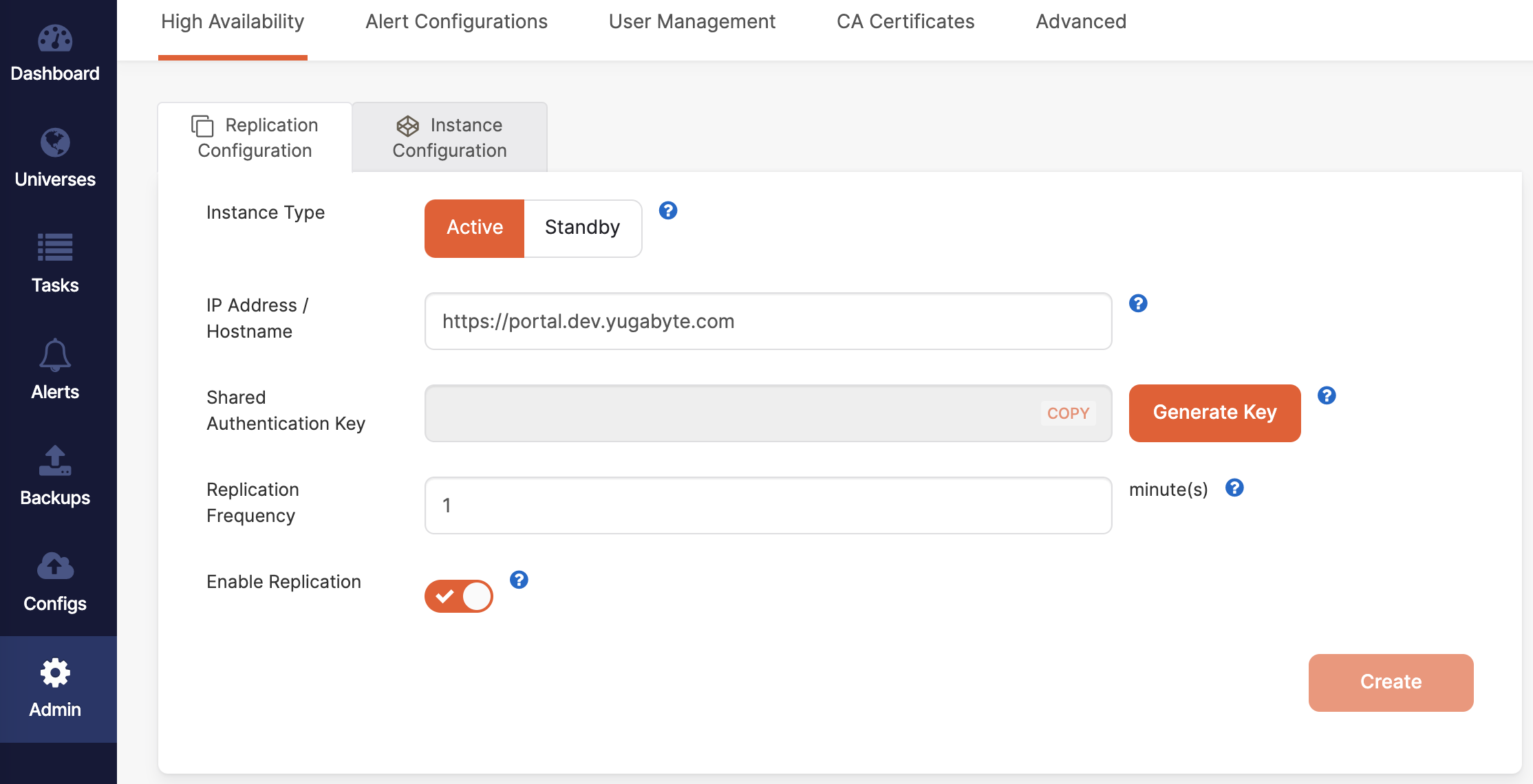 Replication configuration tab Replication configuration tab
